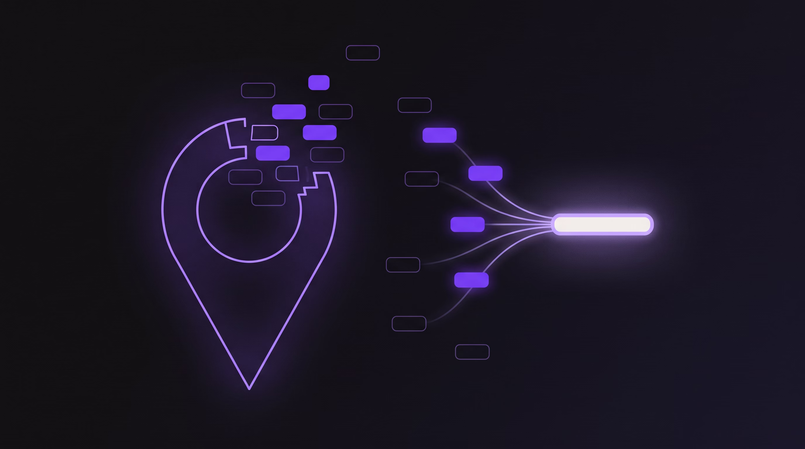 Illustration : une épingle de carte violette dont les informations se détachent en fragments, recomposés plus loin en une phrase de réponse unique