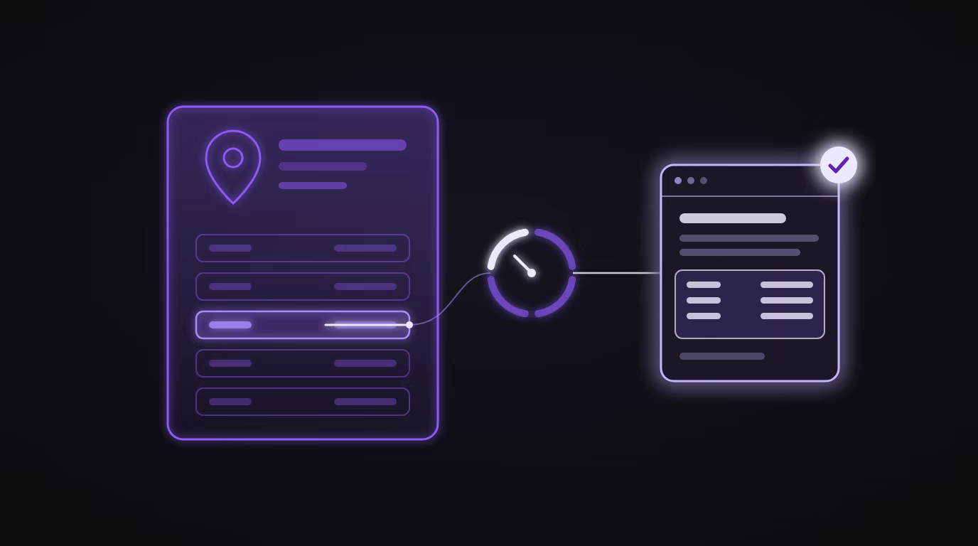 Illustration — a violet business listing with one line of opening hours struck through by a suggestion, linked to a four-day countdown and to a website page acting as evidence