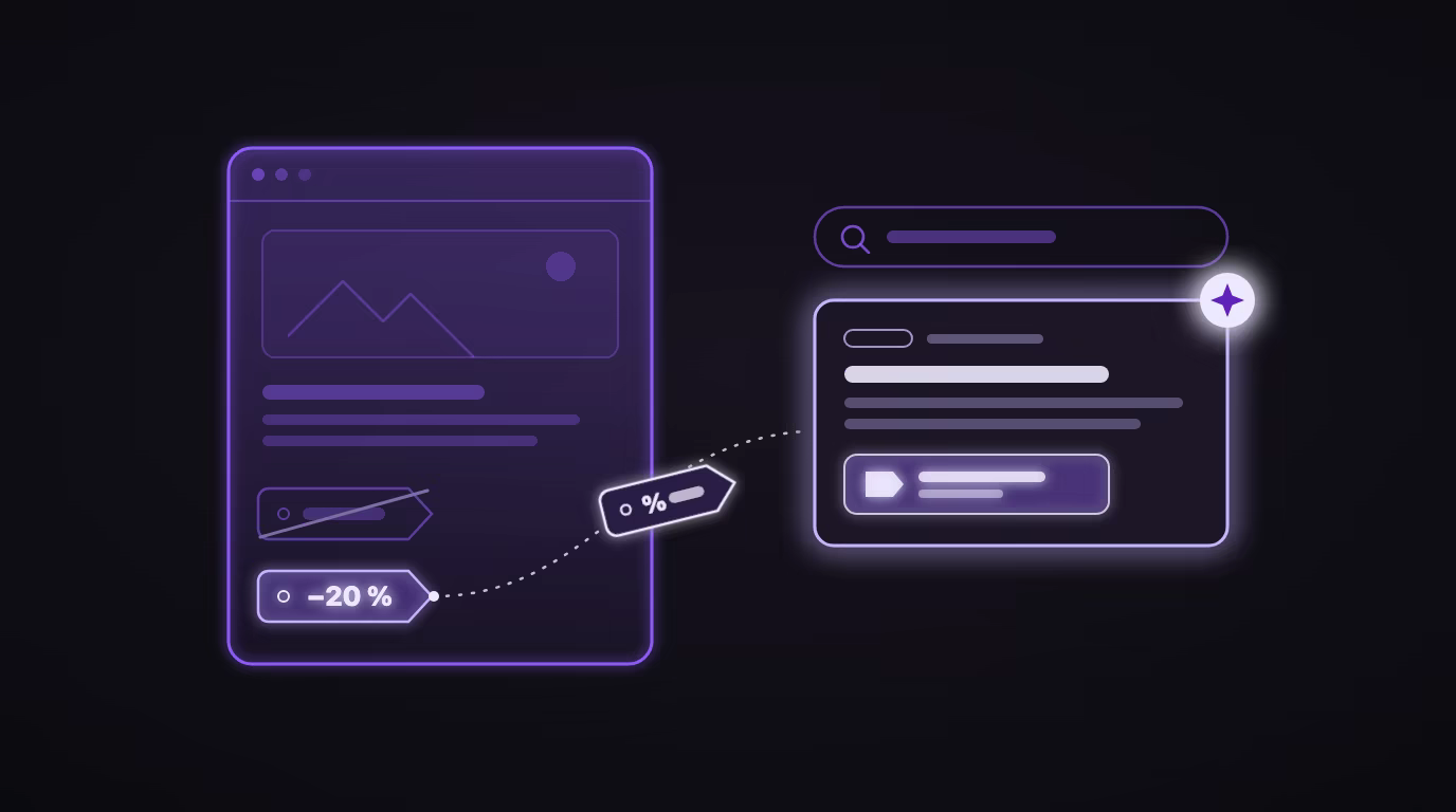 Illustration — une page de site web violette dont une étiquette de réduction est extraite et transportée jusqu'à une annonce de recherche, à côté d'une étiquette périmée barrée