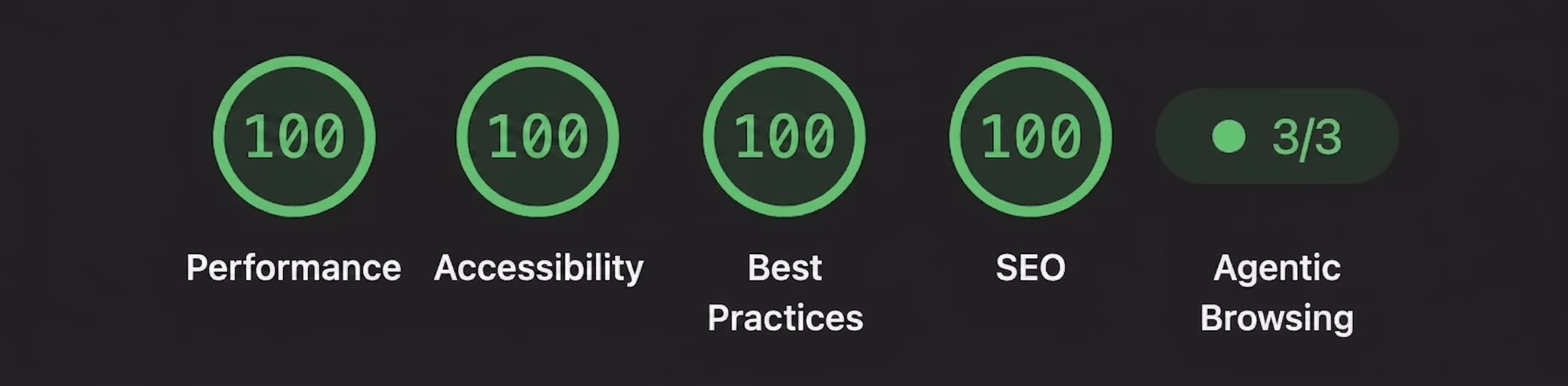 Capture d'écran d'un audit Google Lighthouse parfait avec 4 scores à 100 et la Navigation Agentique valide