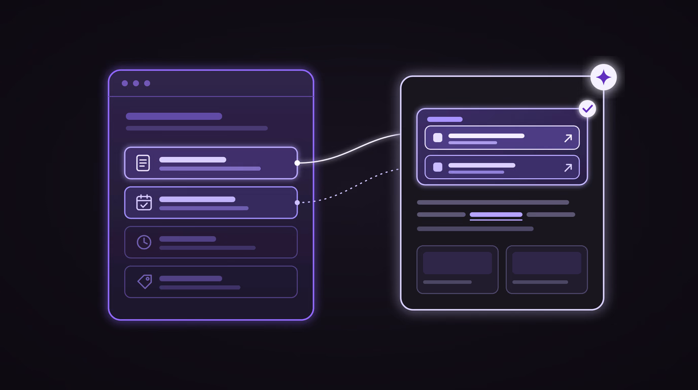 Illustration — une réponse d'IA dont l'encadré du haut, mis en lumière, contient deux liens reliés aux pages d'un site de commerce, l'une marquée d'une coche