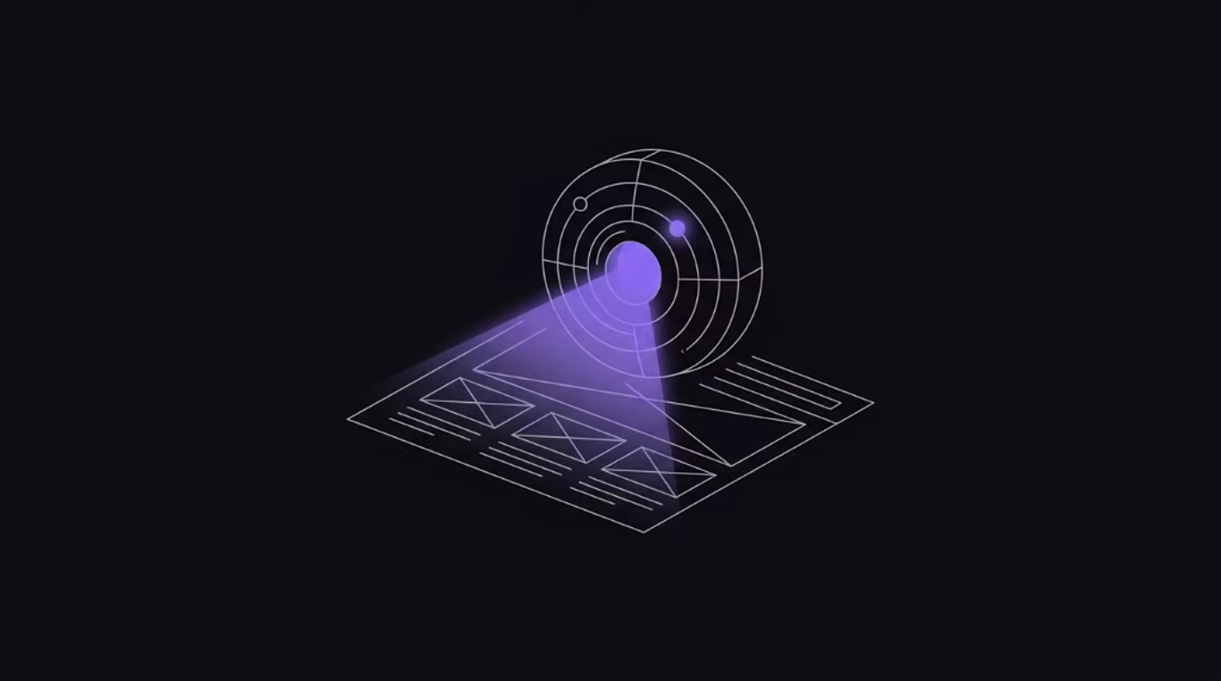 Illustration — Un radar minimaliste et géométrique violet scannant l'architecture filaire d'un site web, représentant l'analyse par un agent IA